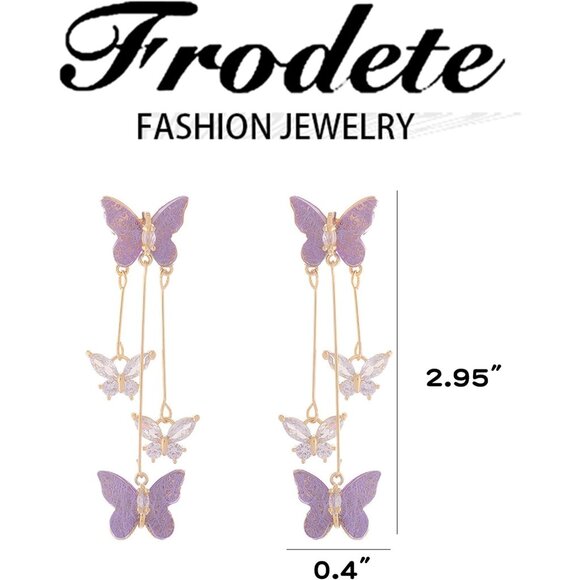 Women's Purple Tassel Style Zircon Lightweight Butterfly Crystal Dangle Earring - Picture 5 of 8